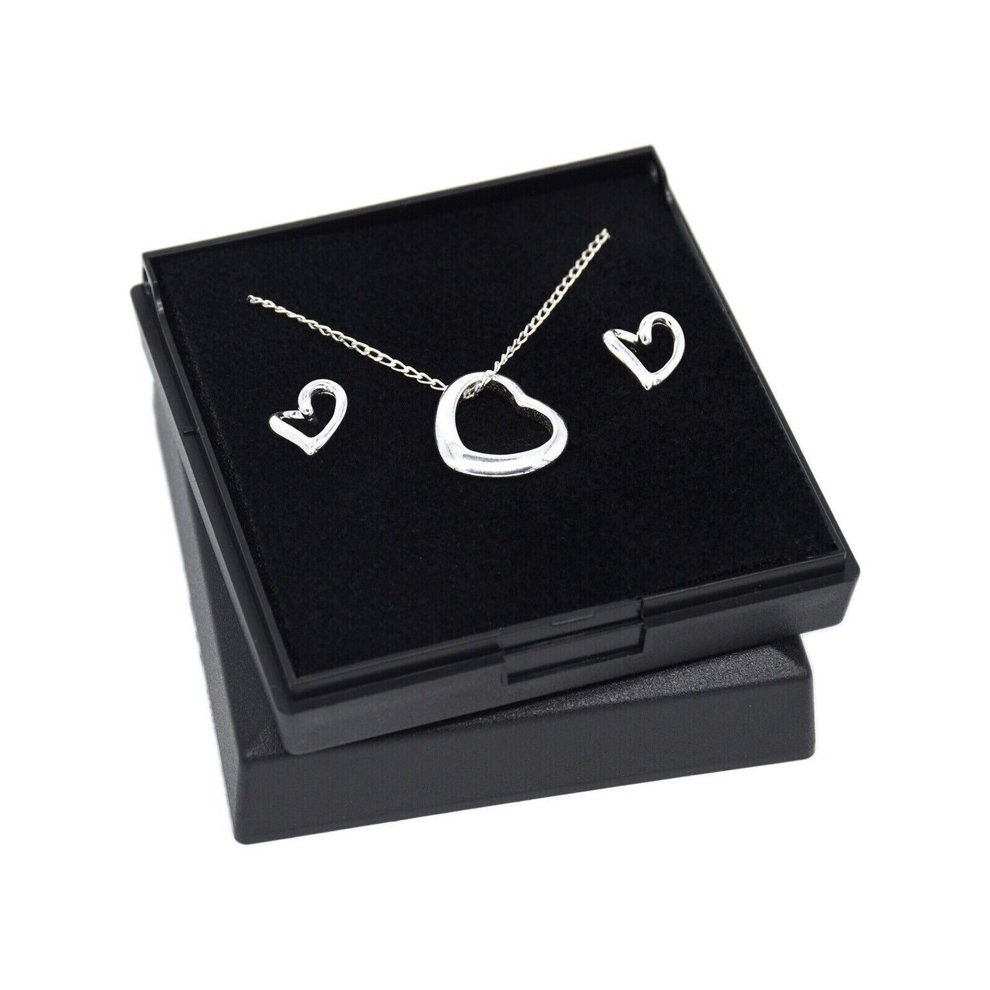 Genuine 925 Sterling Silver Floating Heart Necklace & Earring Set in Gift Box