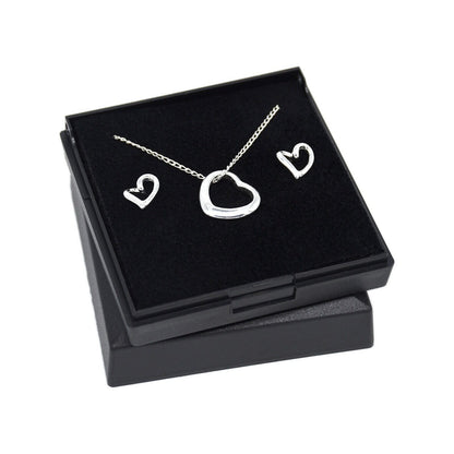 Genuine 925 Sterling Silver Floating Heart Necklace & Earring Set in Gift Box