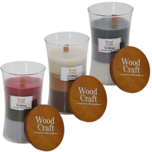 3x Woodcraft Large Hourglass Crackling Wooden Wick Scented Candle 595g/145 Hour