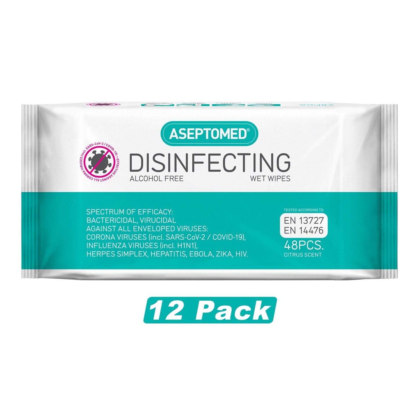 12Pk Aseptomed Disinfecting Alcohol Free Wipes (48Wipes) Citrus Scent SEE PHOTOS