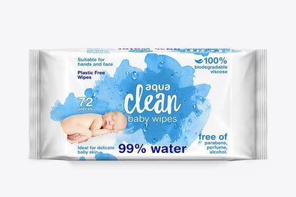 12 PACKS AQUA CLEAN BABY WIPES 99% WATER (72 WIPES PER PACK) BIODEGRADABLE