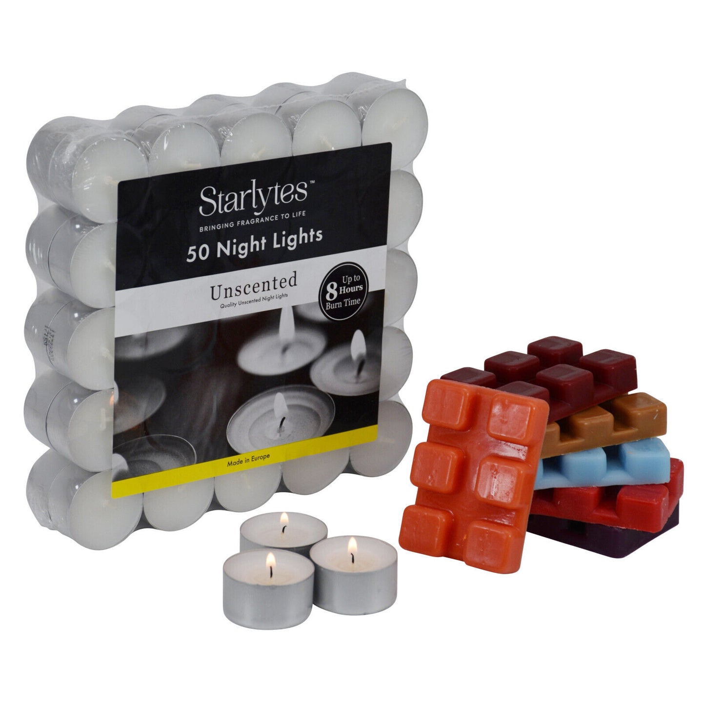 50x 8hr Tealights Night Candles & 36x Luxury Fragranced Wax Melts Cubes 212.4g
