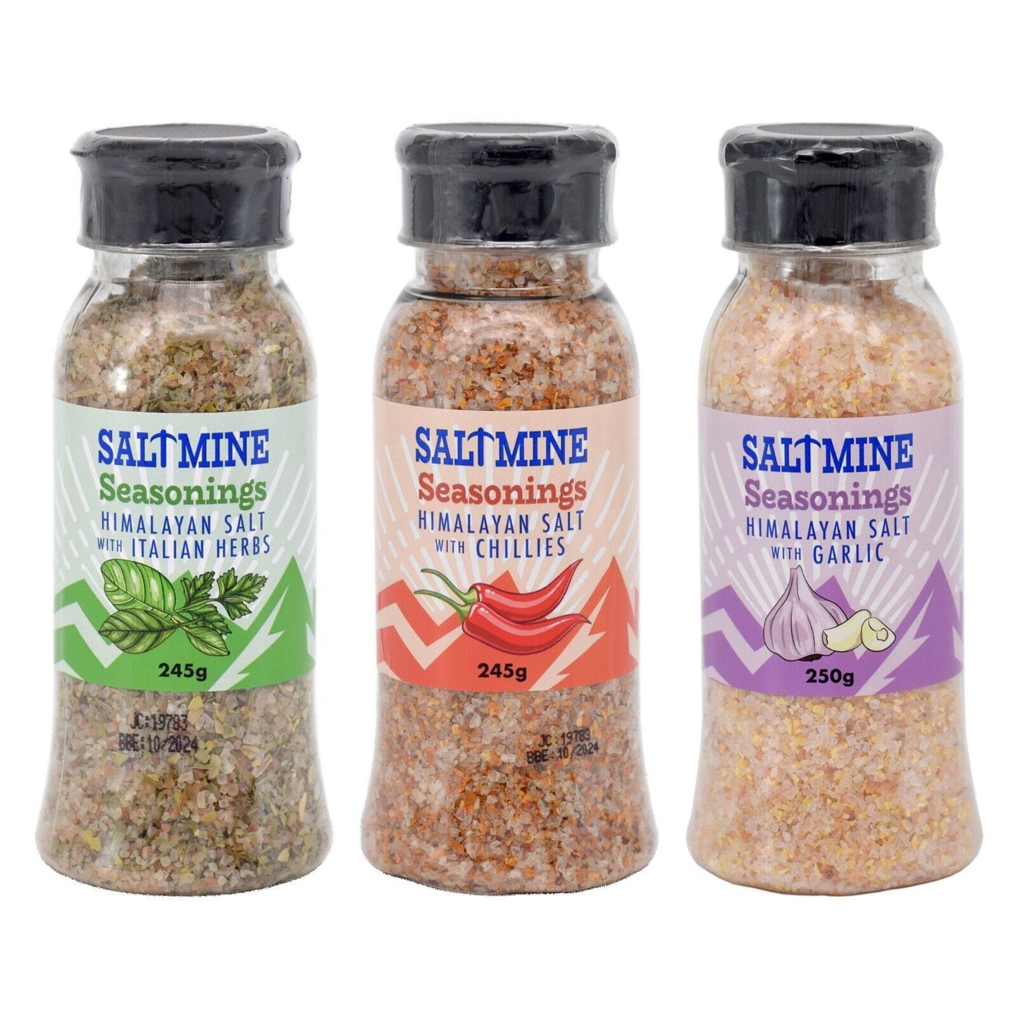 3x Mix Saltmine Seasoning Himalayan Salt with Garlic, Chillies, Herbs (3 x 250g)
