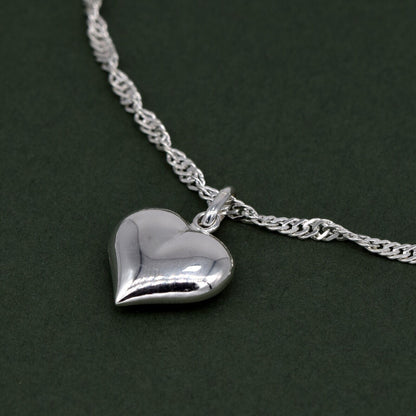 Genuine 925 Sterling Silver 10" Singapore Chain Anklet With Puffed Heart Pendant