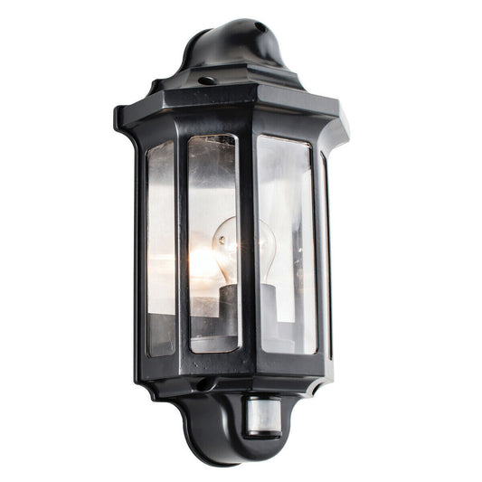 LAP Half Lantern PIR Wall Light 15W LED E27 GLS IP44 Matt Black & Clear PC