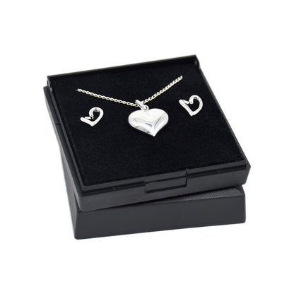 Genuine 925 Sterling Silver Puffed Heart Necklace and Earring Set In Gift Box