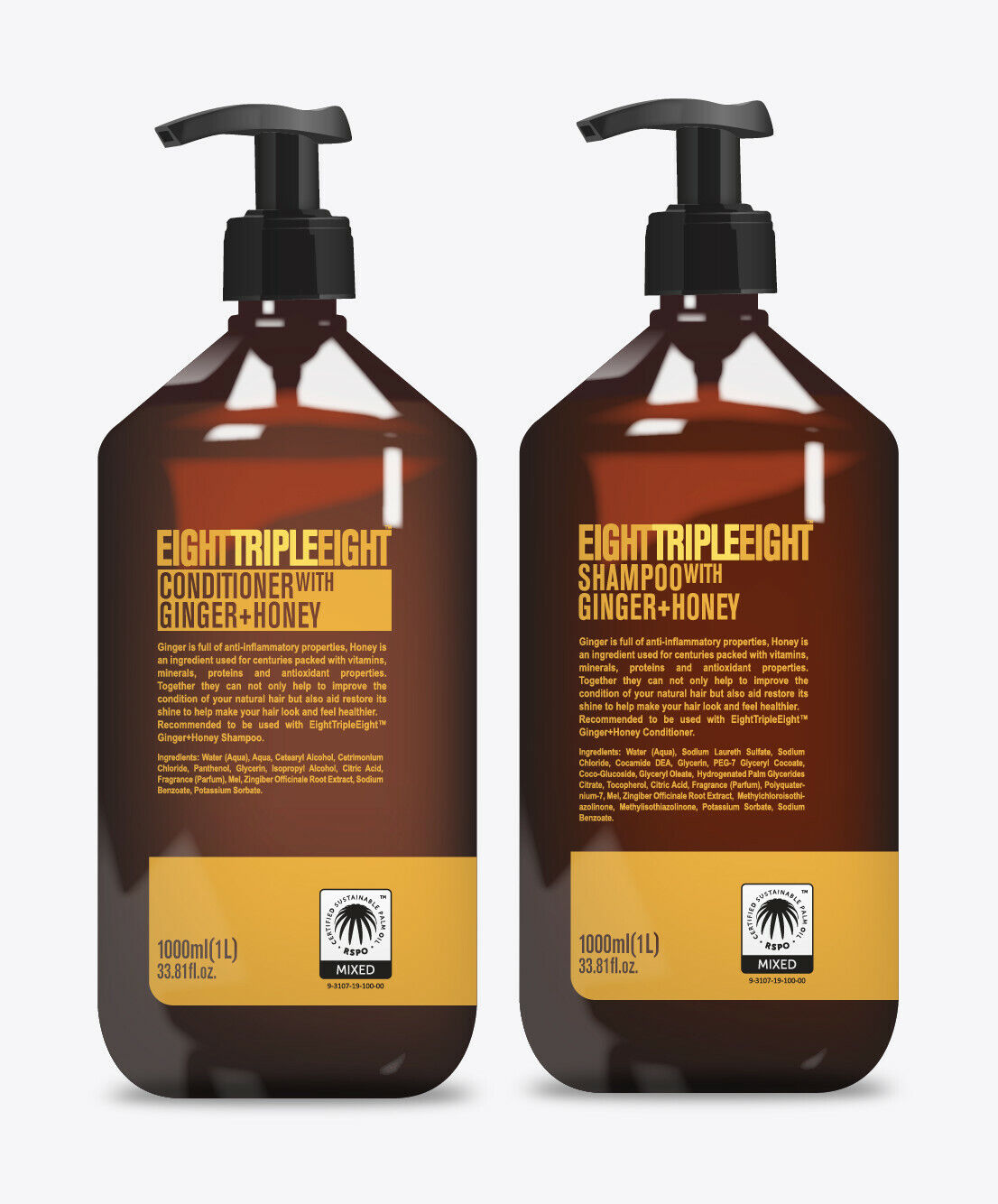 EightTripleEight Ginger + Honey Hair Care Set- 1L Shampoo & 1L Conditioner