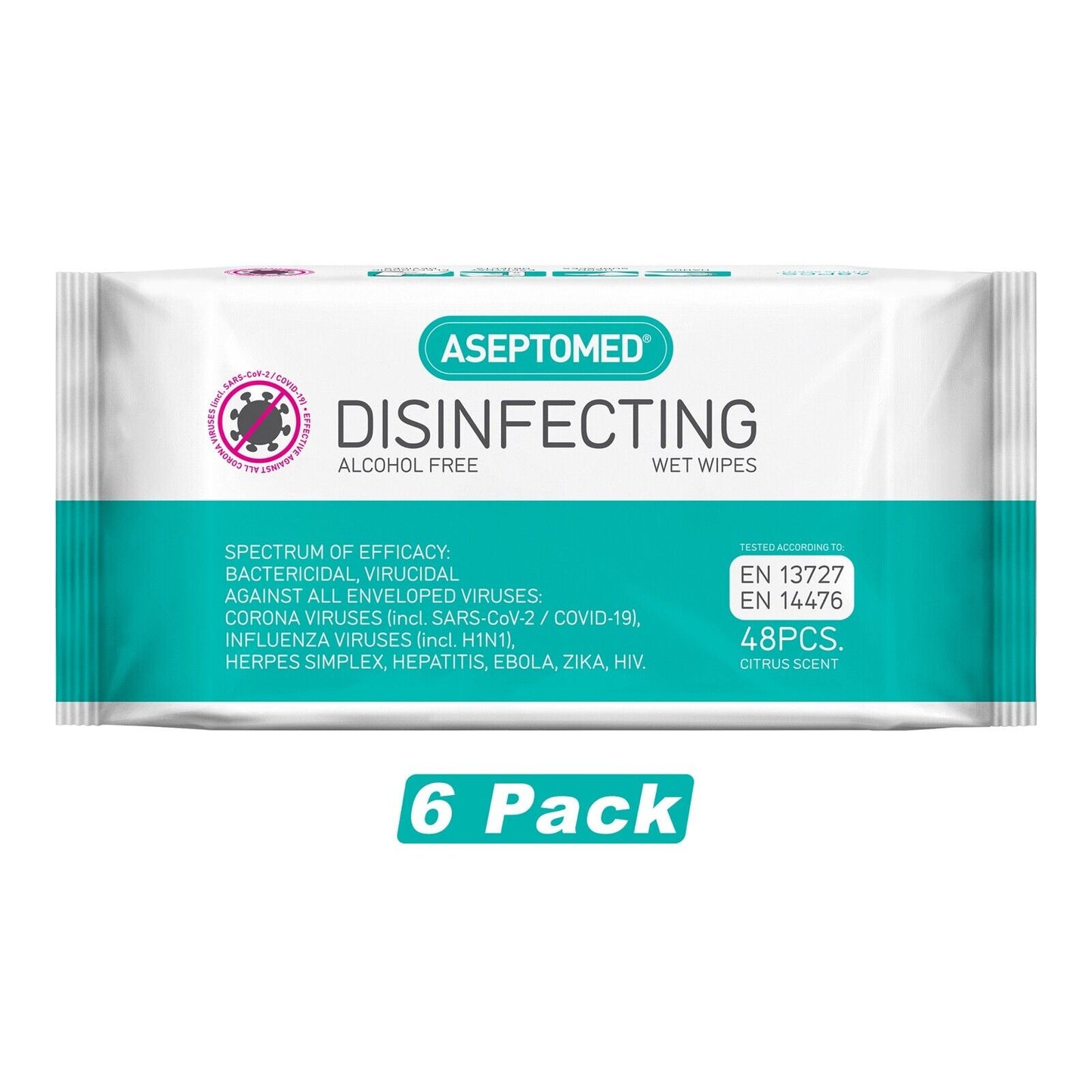 6Pk Aseptomed Disinfecting Alcohol Free Wipes (48Wipes) Citrus Scent SEE PHOTOS