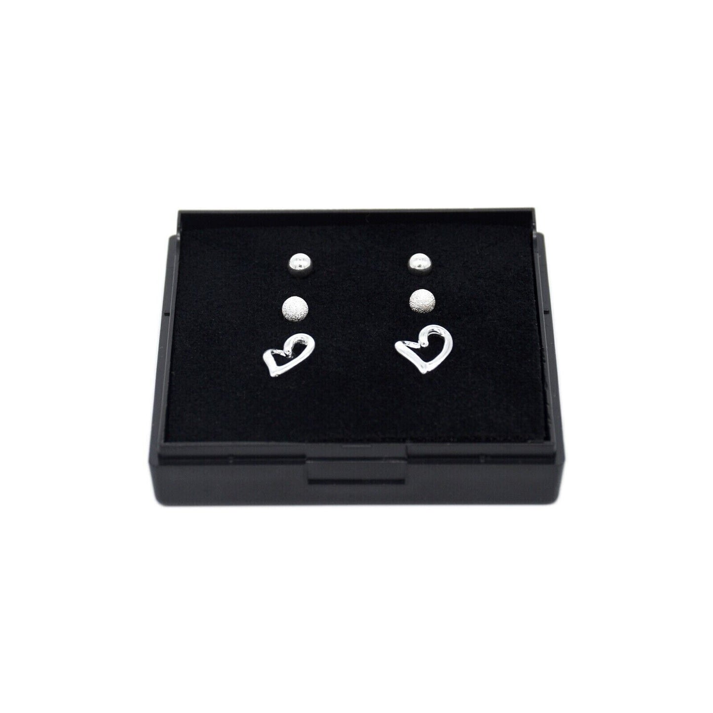 Genuine 925 Sterling Silver 4mm Polished, Frosted & Open Heart Studs In Gift Box