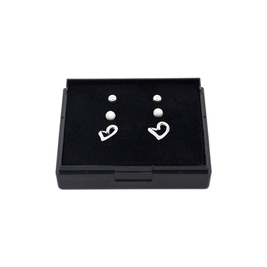 Genuine 925 Sterling Silver 4mm Polished, Frosted & Open Heart Studs In Gift Box