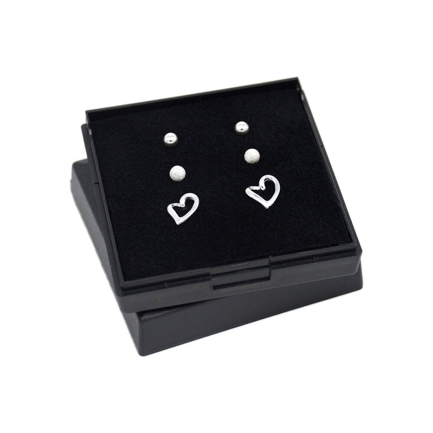 Genuine 925 Sterling Silver 4mm Polished, Frosted & Open Heart Studs In Gift Box