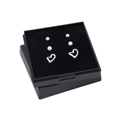 Genuine 925 Sterling Silver 4mm Polished, Frosted & Open Heart Studs In Gift Box