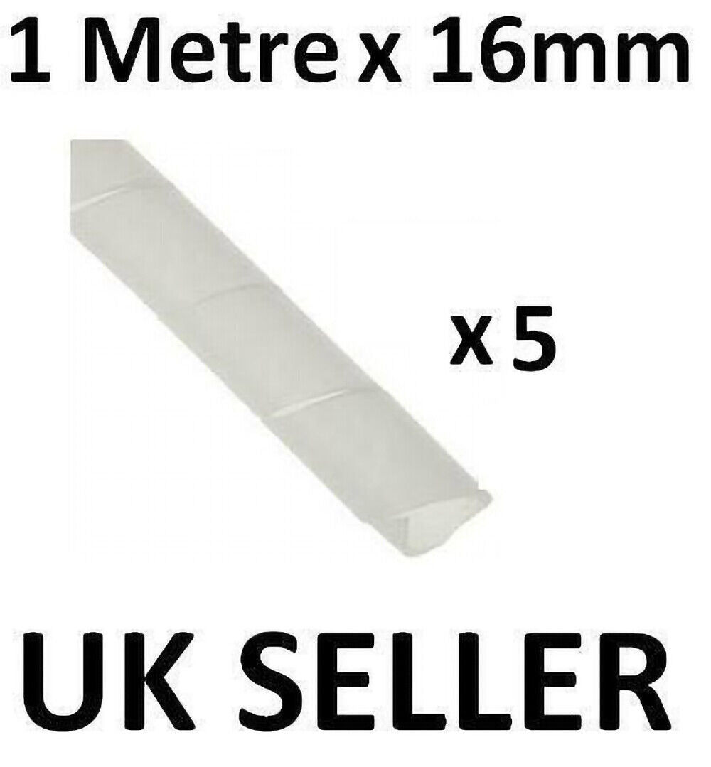 5x 1 METRE 16MM SPIRAL CABLE TIDY WRAP CLEAR WHITE NEW