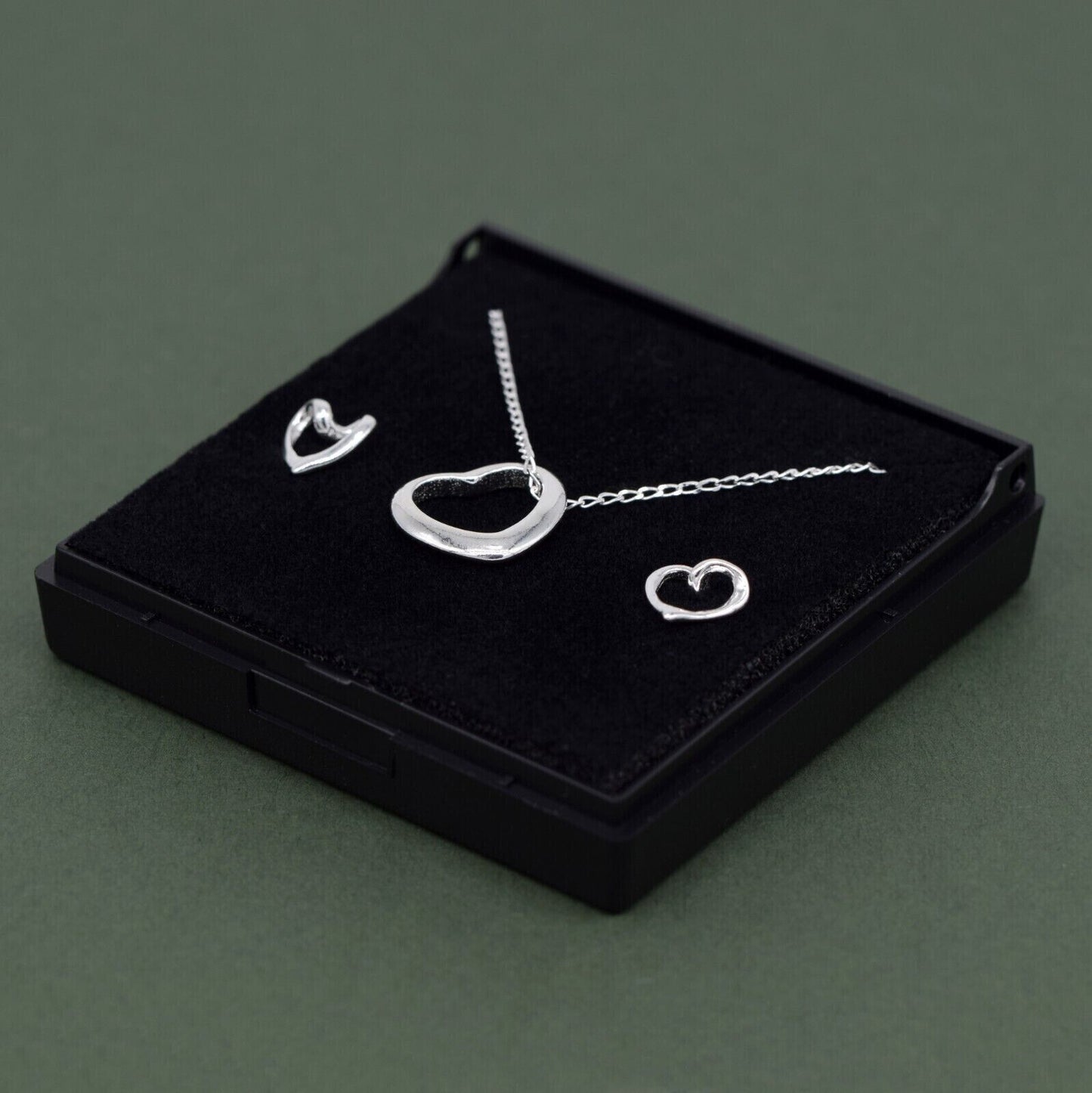 Genuine 925 Sterling Silver Floating Heart Necklace & Earring Set in Gift Box