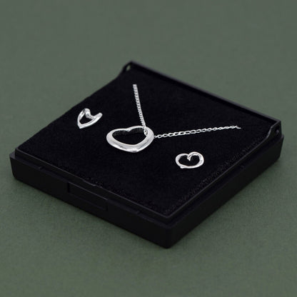 Genuine 925 Sterling Silver Floating Heart Necklace & Earring Set in Gift Box