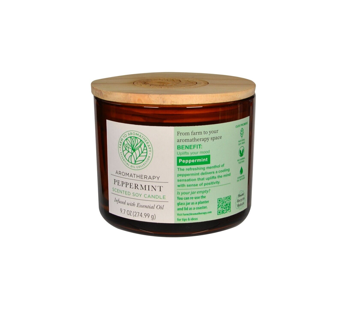 Aromatherapy Peppermint Scented Soy Candle Infused with Essential Oils (275g)