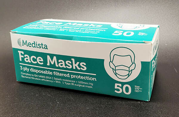 50 pack TYPE IR EN1683 2014 Surgical Face mask 120mm Hg splash resistance 95%