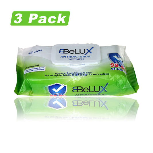 3 X BELUX ANTIBACTERIAL WET WIPES KILLS 99.9% OF GERMS (72 WIPES PER PACK)