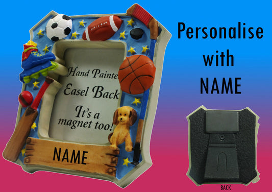 Personalised Hand Painted Photo Frame Fridge Magnet Sports Puppy Kids Boys A-S