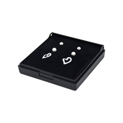 Genuine 925 Sterling Silver 4mm Polished, Frosted & Open Heart Studs In Gift Box