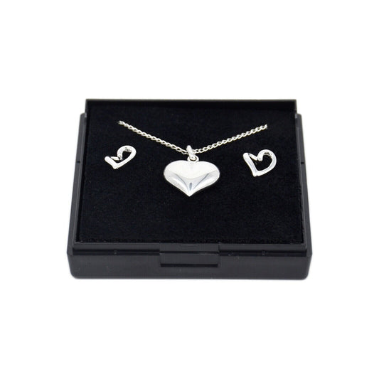 Genuine 925 Sterling Silver Puffed Heart Necklace and Earring Set In Gift Box