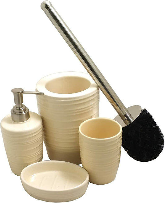 4 Piece Cream Ribbed Gloss Finish Porcelain Bathroom Accessory Set