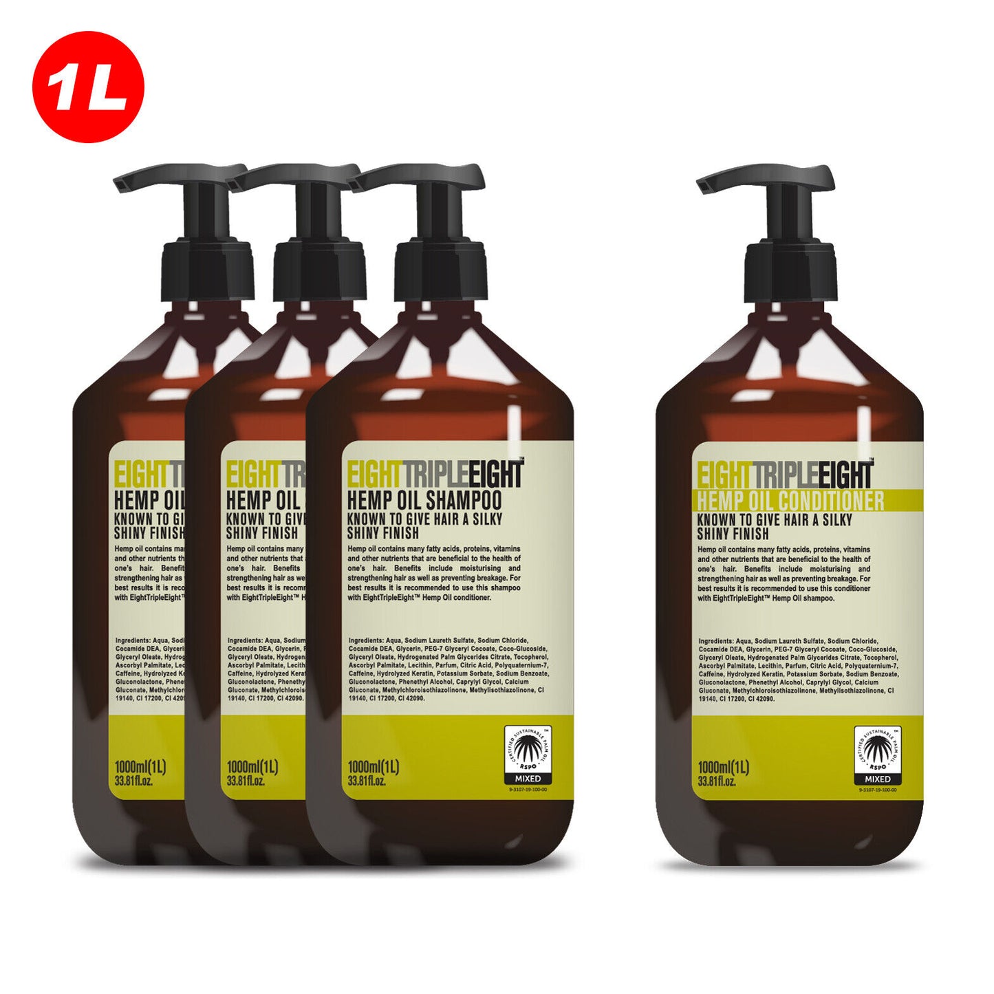 EightTripleEight Hemp Oil 3x Shampoo &  Conditioner 1L