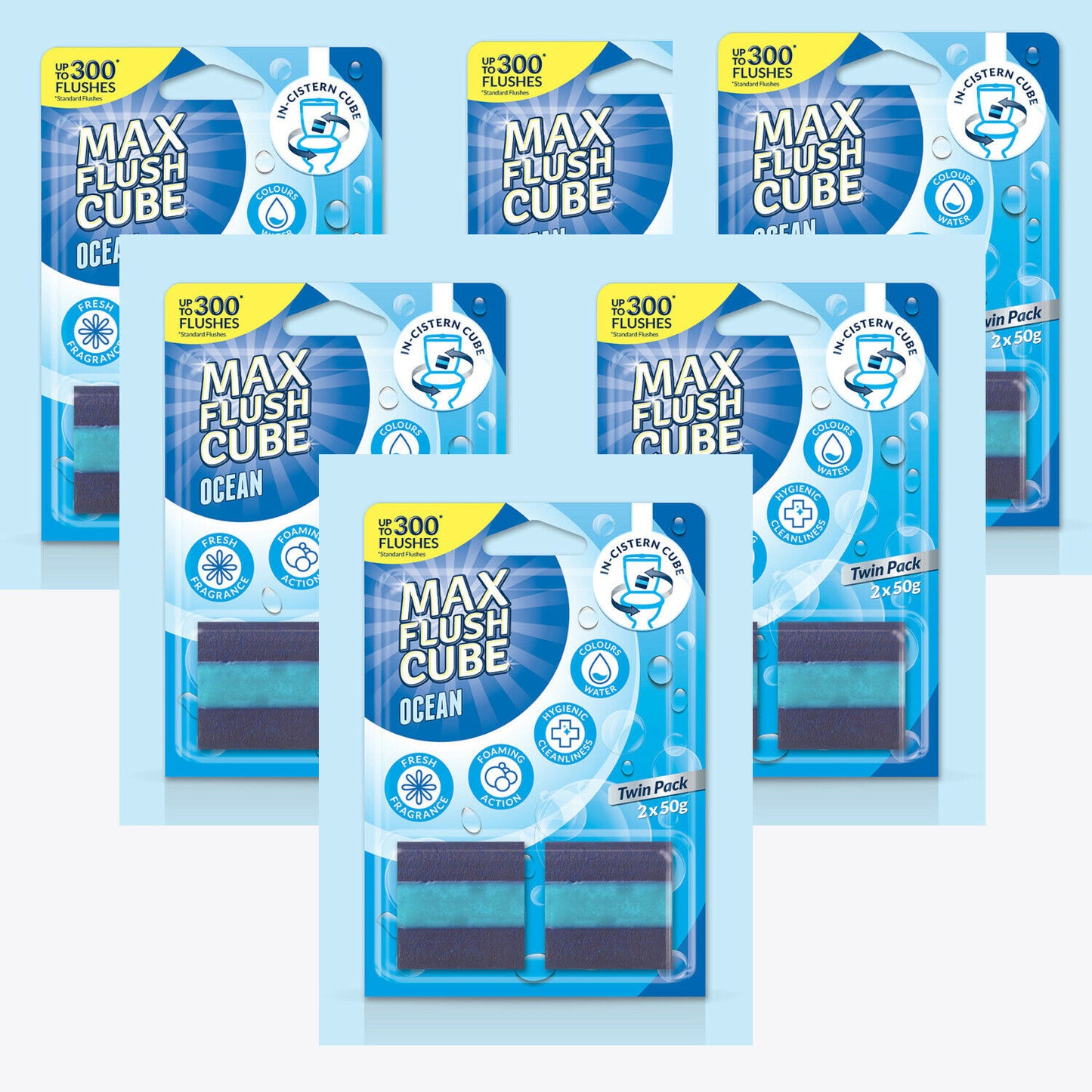 6x Max Flush Cube Ocean In-Cistern Cube Toilet Cleaner (Twin Pack 2x 50g)
