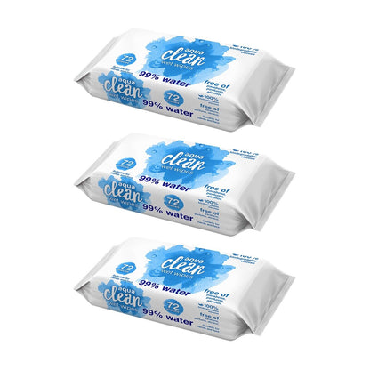 3 PACKS AQUA CLEAN BABY WIPES 99% WATER (72 WIPES PER PACK) BIODEGRADABLE