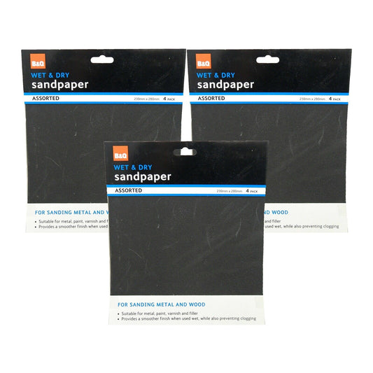 B&Q Wet & Dry Sandpaper Assorted For Sanding Metal & Wood 230x280mm 12 Pack
