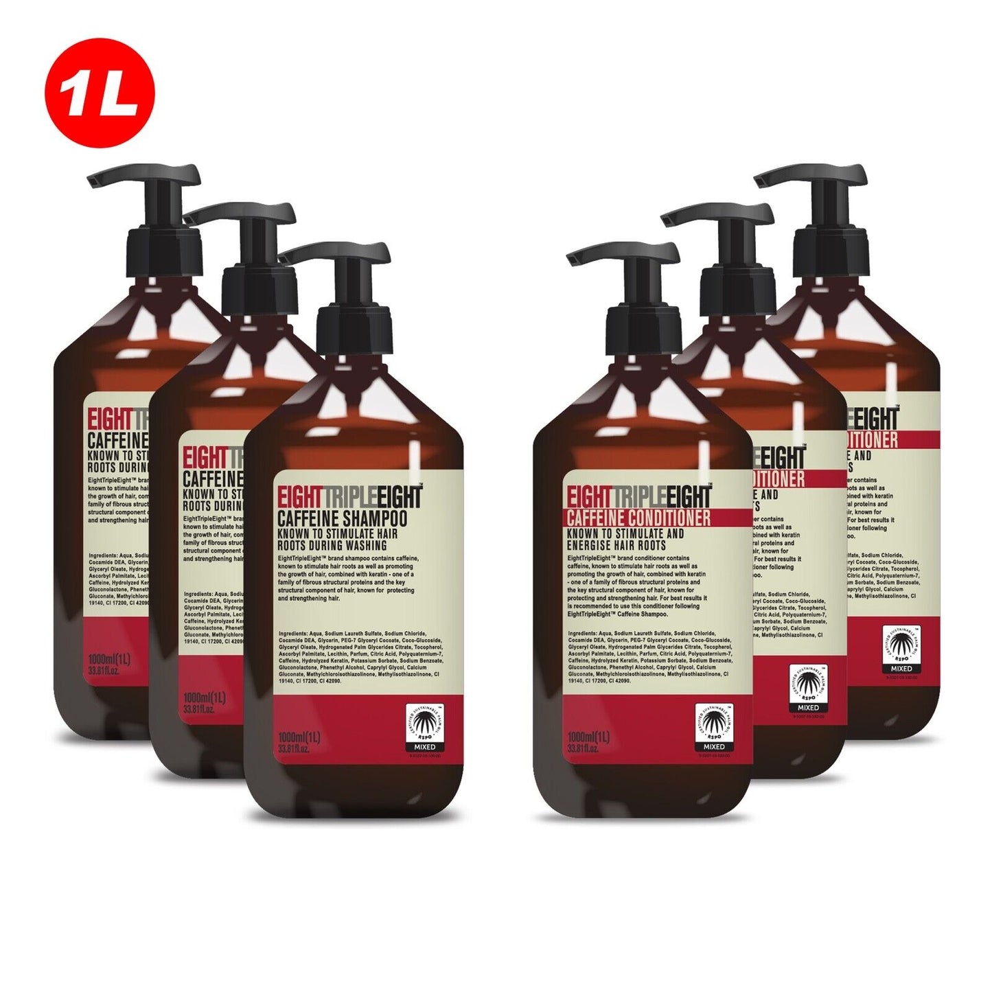 EightTripleEight Caffeine 3x Shampoo & 3x Conditioner - 1L