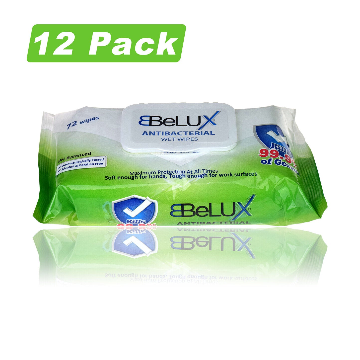12 PACKS BELUX ANTIBACTERIAL WET WIPES KILLS 99.9% OF GERMS (72 WIPES PER PACK)