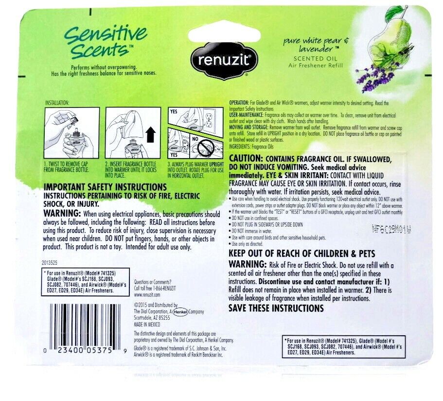 Renuzit Pure White Pear Lavender Air Freshener (3 x Refills) Fits Airwick/Glade