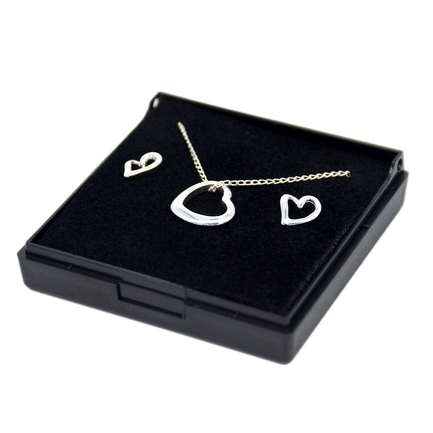 Genuine 925 Sterling Silver Floating Heart Necklace & Earring Set in Gift Box