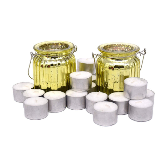 2 Decorative Yellow Ribbed Glass Jar Tealight Candle Holders  100 Tealights