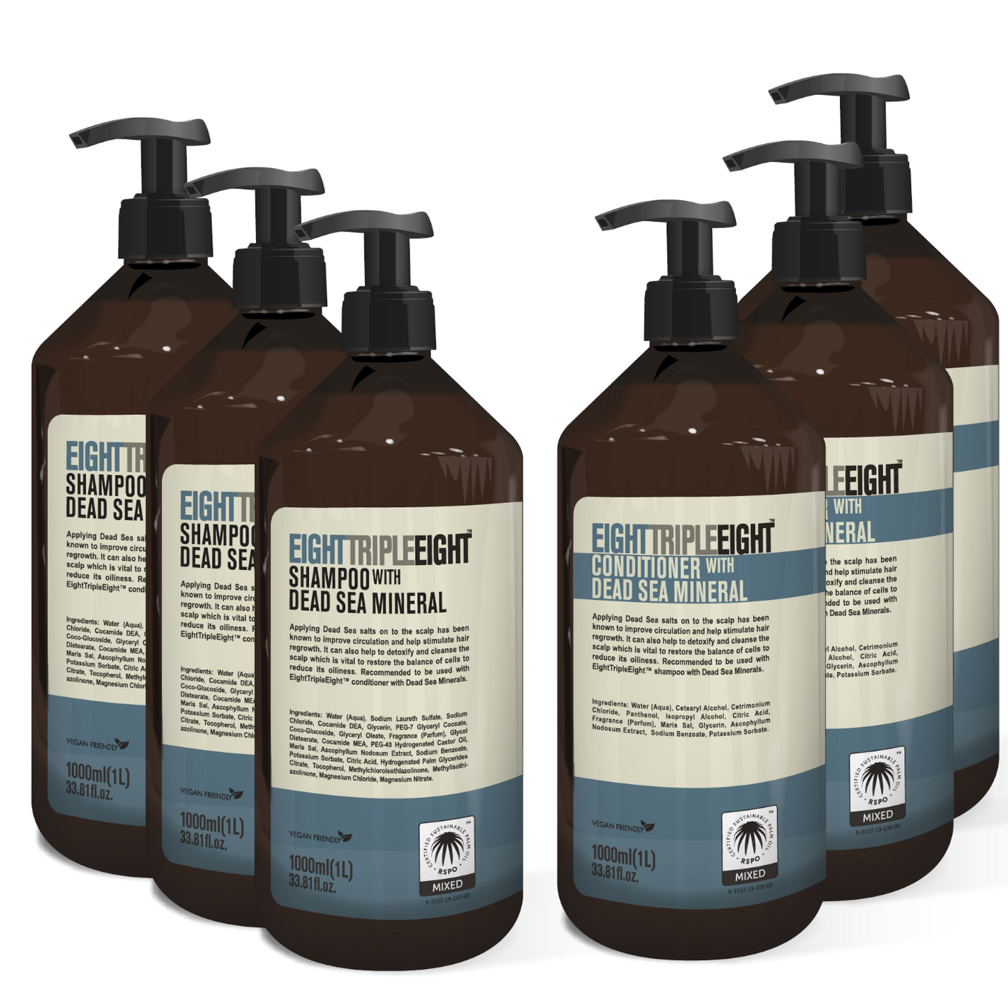 EightTripleEight Dead Sea Mineral Hair Care Set- 3x Shampoo & 3x Conditioner 1L
