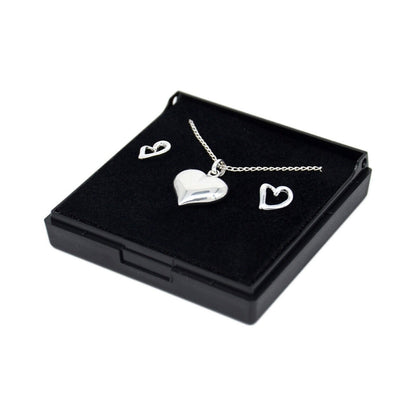 Genuine 925 Sterling Silver Puffed Heart Necklace and Earring Set In Gift Box