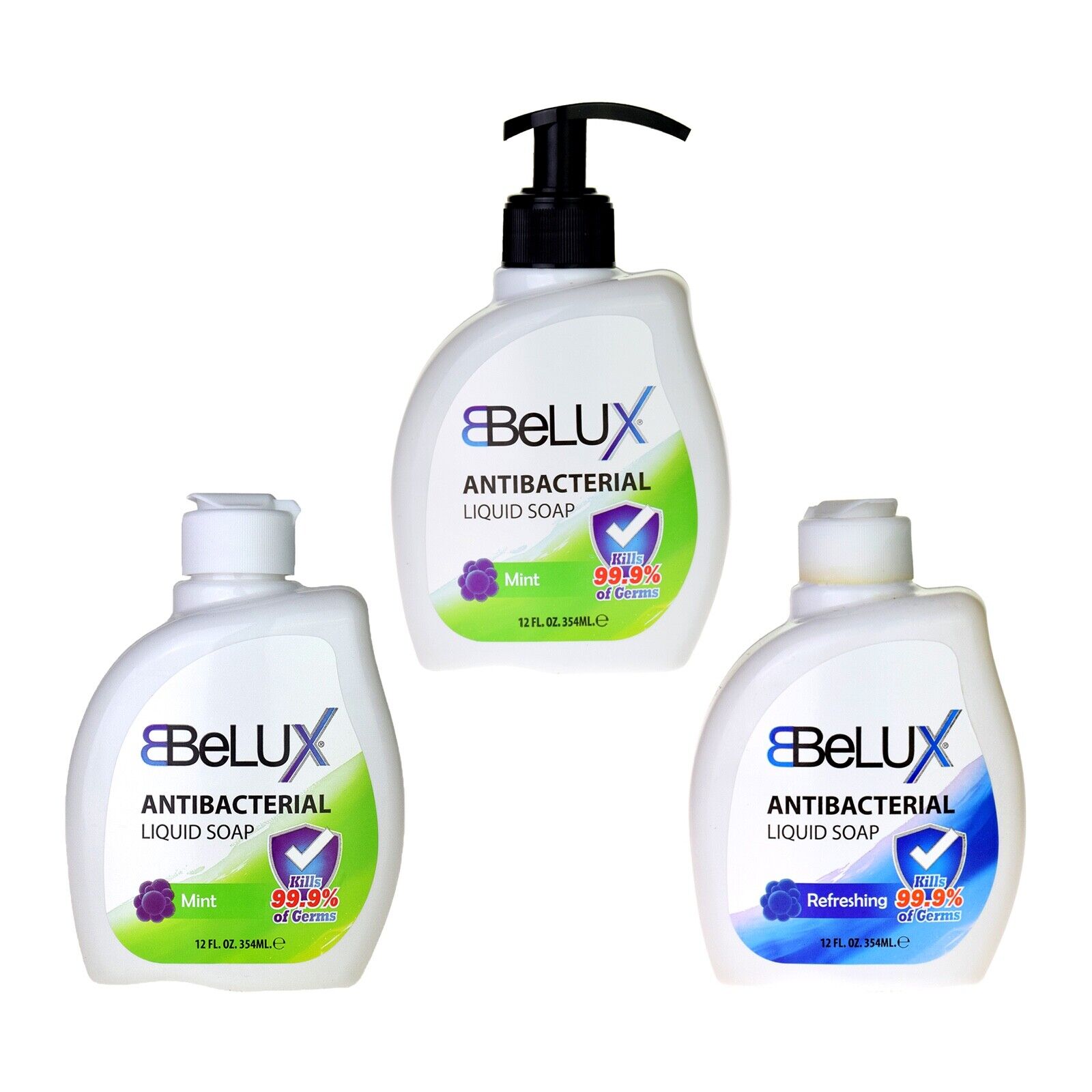 12 PACK BELUX Hand Wash MINT & REFRESHING Liquid Soap ANTI-BACTERIA 354ml 1 PUMP
