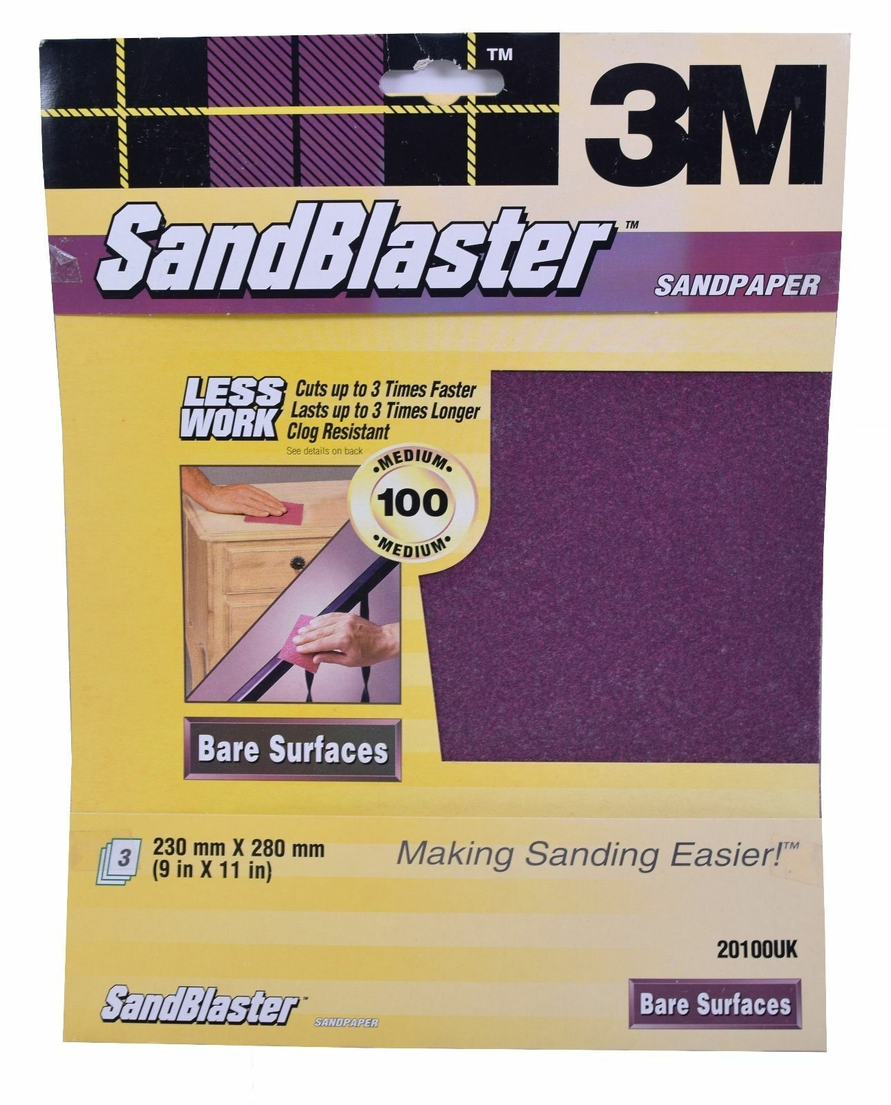 3M Sandblaster Sandpaper Paint Stripping 3 x 100 Grit Bare Surface 3 Sheets