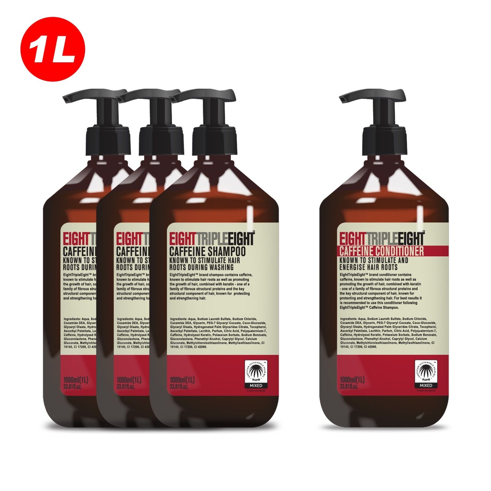 EightTripleEight Caffeine 3x Shampoo & 1x Conditioner 1L