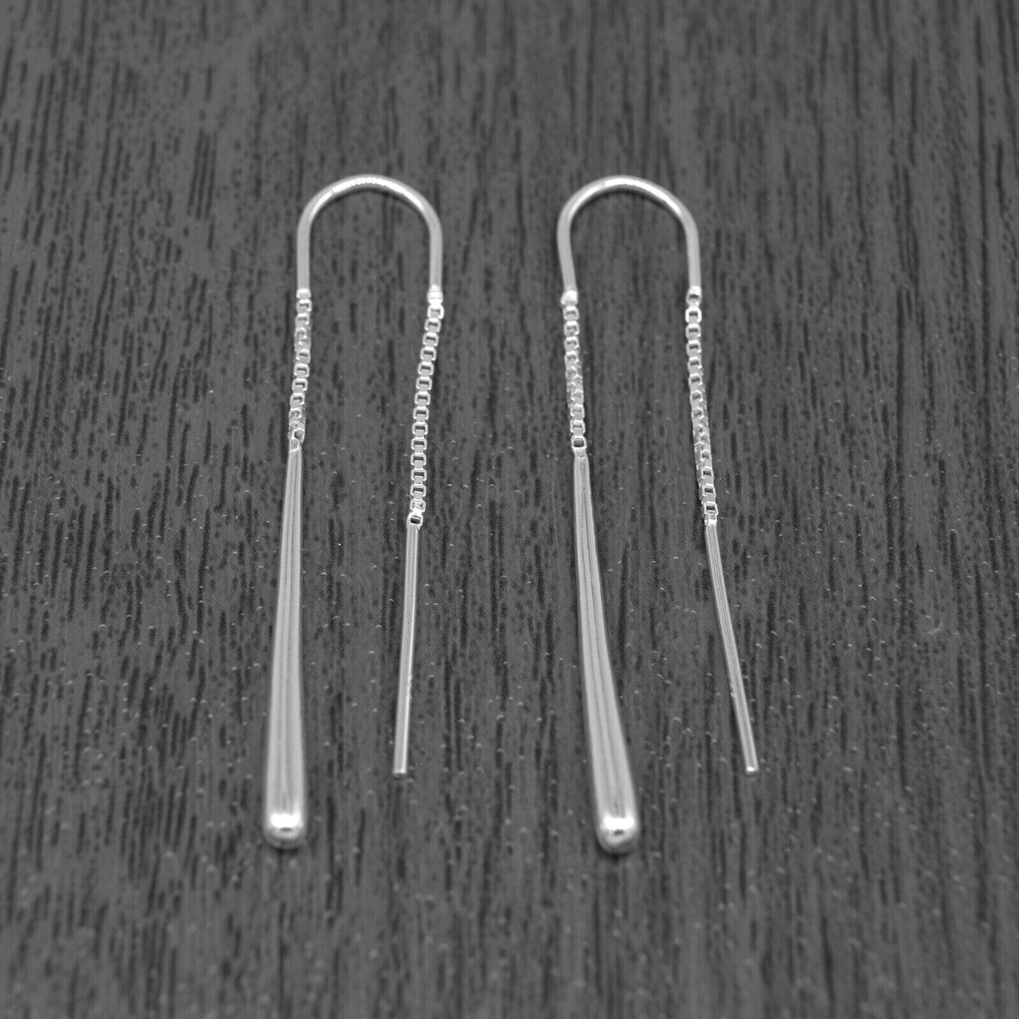 Genuine 925 Sterling Silver Threaded Tear Dropper Pull Through Earrings 45mm