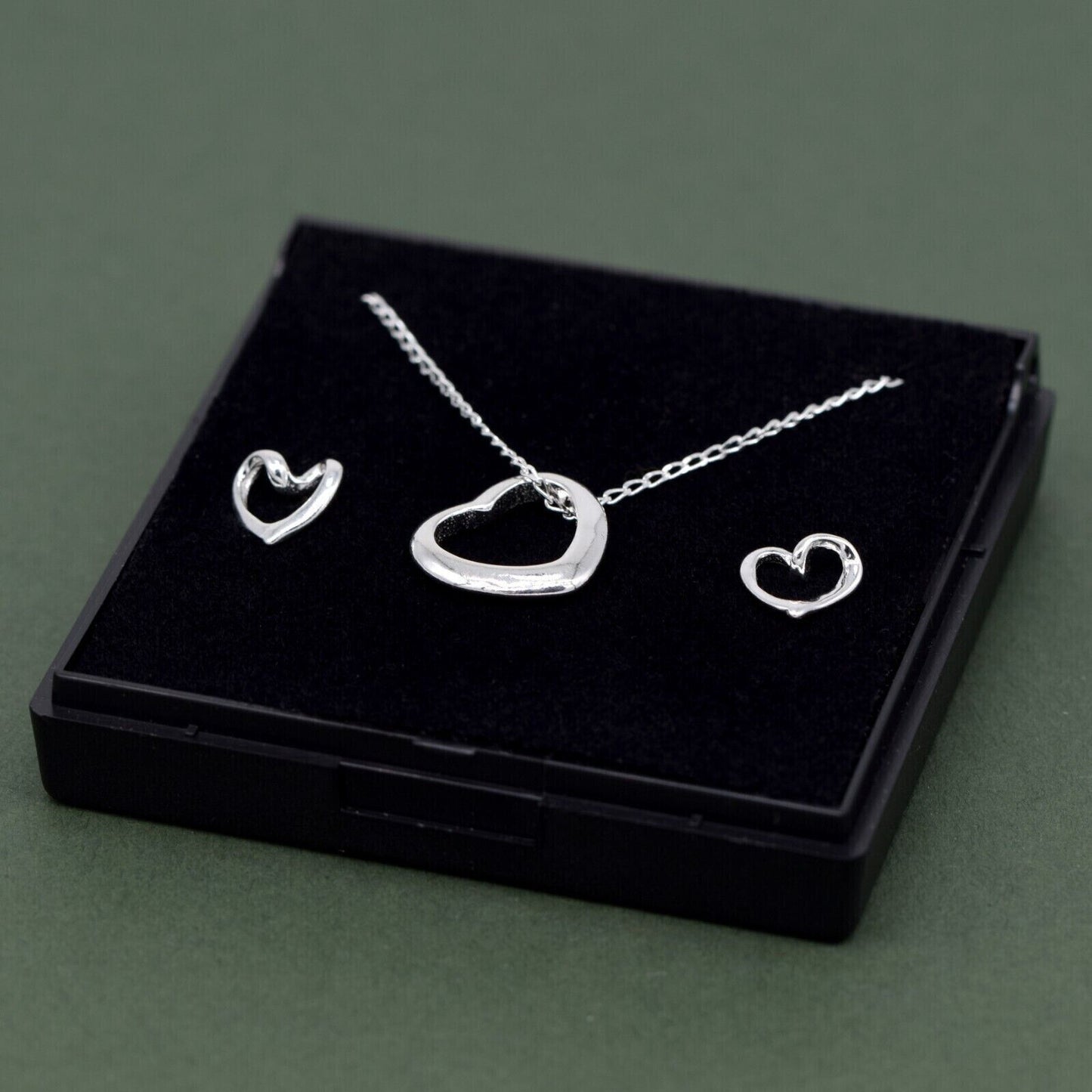 Genuine 925 Sterling Silver Floating Heart Necklace & Earring Set in Gift Box