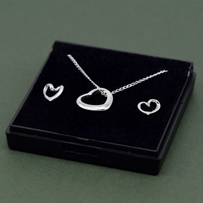 Genuine 925 Sterling Silver Floating Heart Necklace & Earring Set in Gift Box