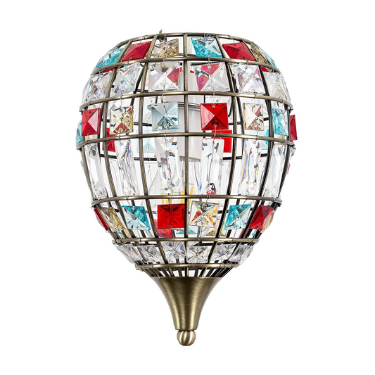 Antique Brass Cage with Multi Coloured Crystal Drupe Ceiling Pendant Light Shade