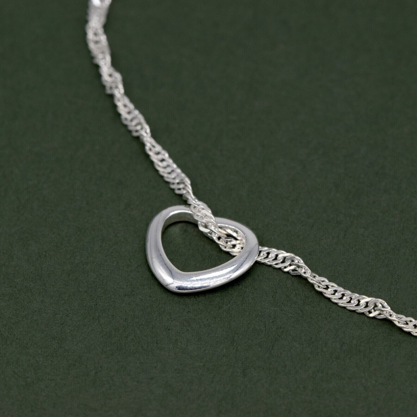 Genuine 925 Sterling Silver 10" Singapore Chain Anklet W/ Floating Heart Pendant
