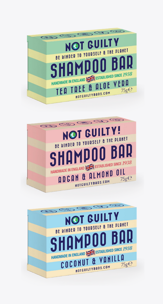 3x Not Guilty Shampoo Soap Bars 3x75g (Tea Tree, Argan & Coconut)