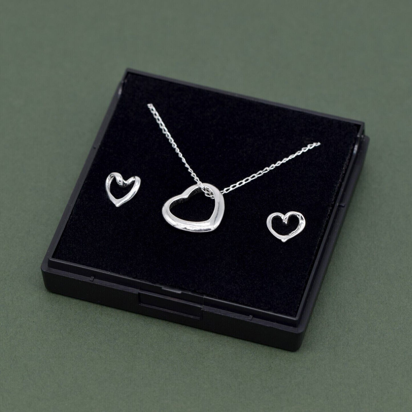Genuine 925 Sterling Silver Floating Heart Necklace & Earring Set in Gift Box