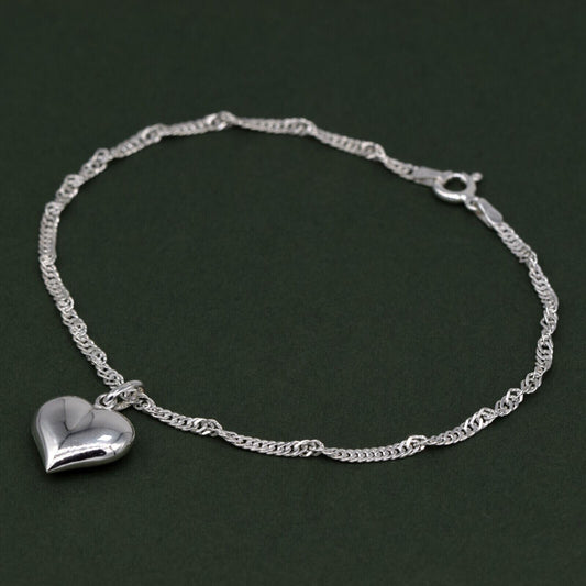Genuine 925 Sterling Silver 10" Singapore Chain Anklet With Puffed Heart Pendant