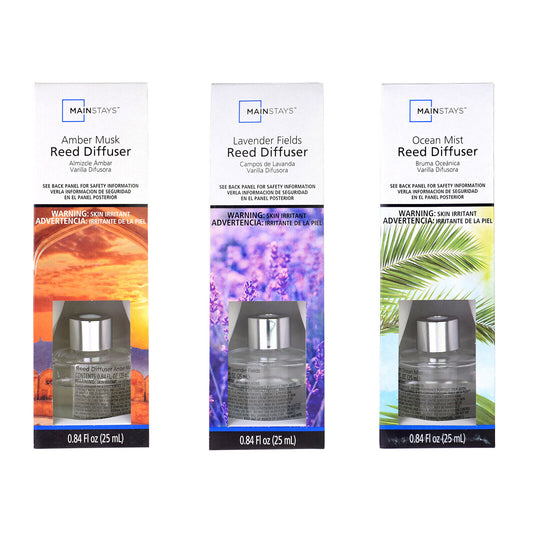 3x Mainstays Rattan Reed Diffuser Essential Oils Amber Musk-Lavender-Ocean 25ml