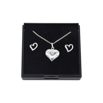 Genuine 925 Sterling Silver Puffed Heart Necklace and Earring Set In Gift Box